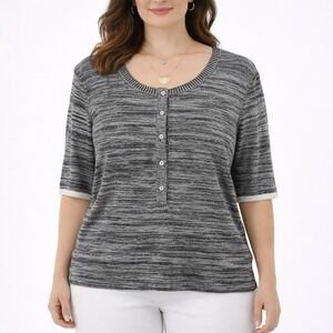 A.L.C. Women XL Grey Space Dye Ribbed Knit Henley Top Elbow Sleeve Quiet Luxury